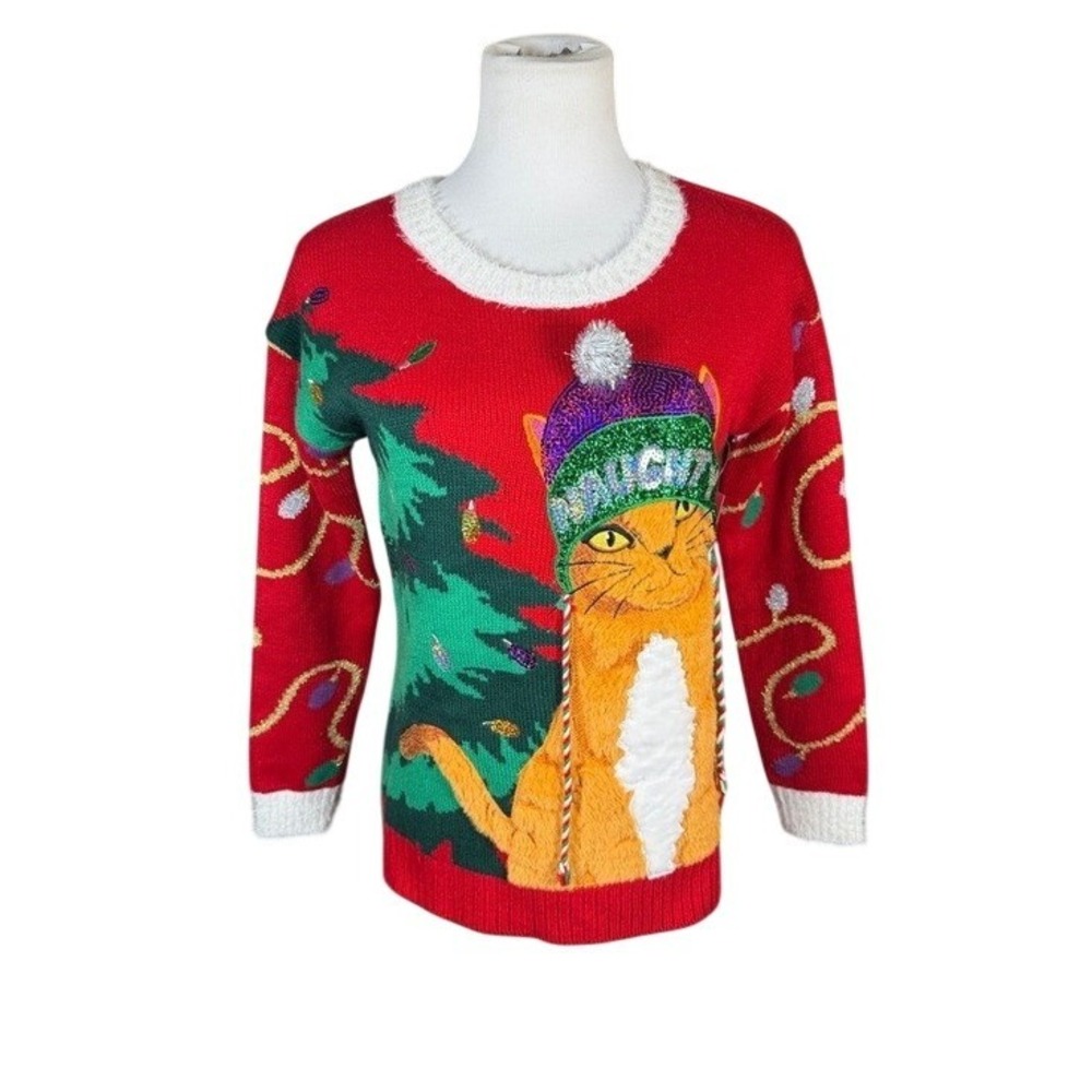 Jollidays Women Red Naughty Cat Ugly Christmas Sweater XS Holiday Lights Sparkle
